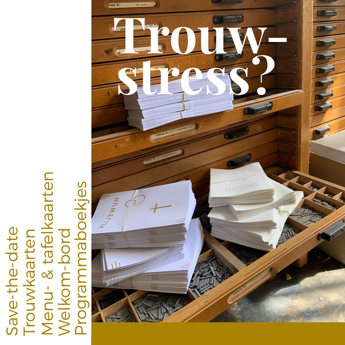 Trouwstress?: save-the-datekaarten, trouwkaarten, menukaarten, naamkaartjes, tafelkaartjes, welkbombord en programma- of liturgieboekjes